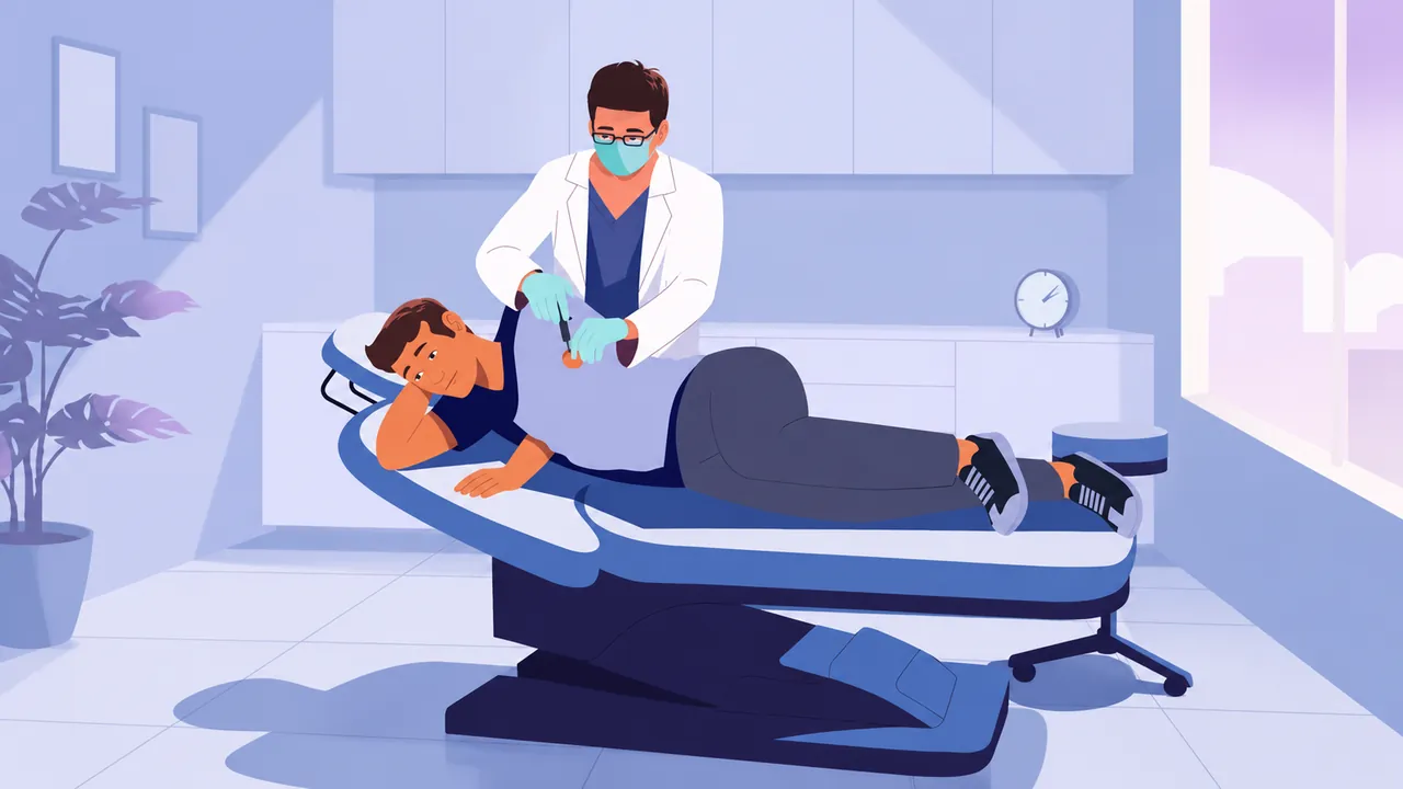 Animated clinician caring for a patient in a blue and lavender treatment room