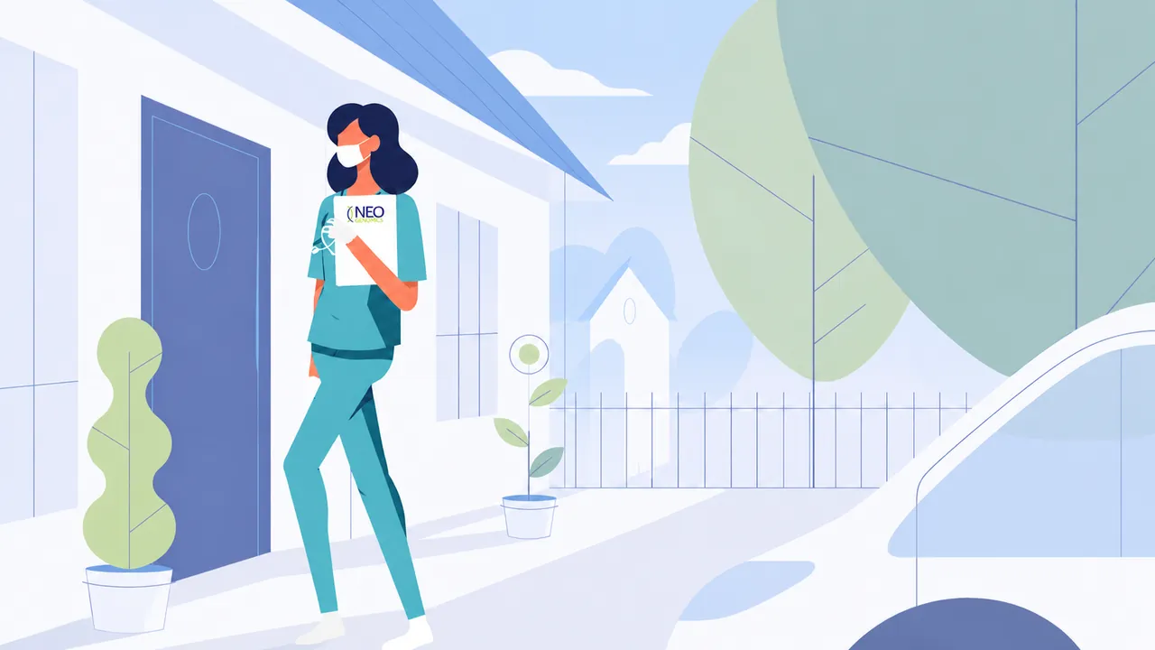 NeoGenomics character animation with a clinician outside a home