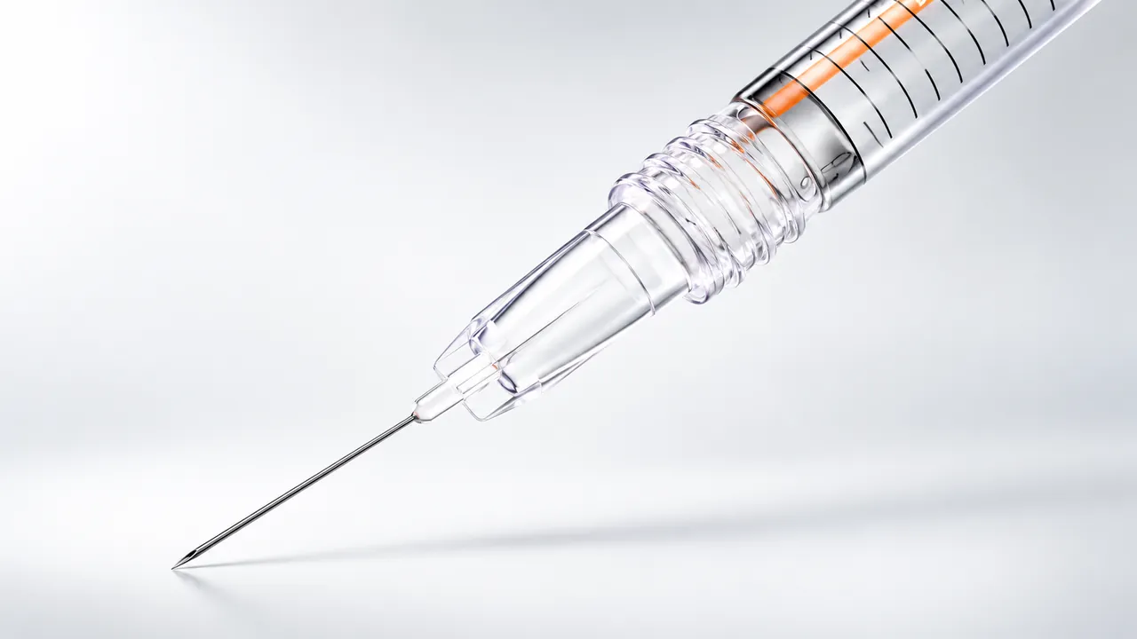 Clear syringe in a diagonal studio composition with an orange accent
