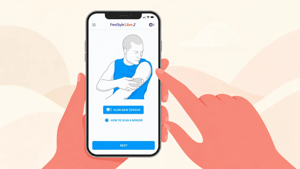 FreeStyle Libre app explainer with illustrated hands and a phone