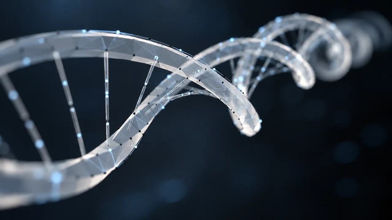 A translucent DNA helix with icy blue highlights against a deep charcoal background