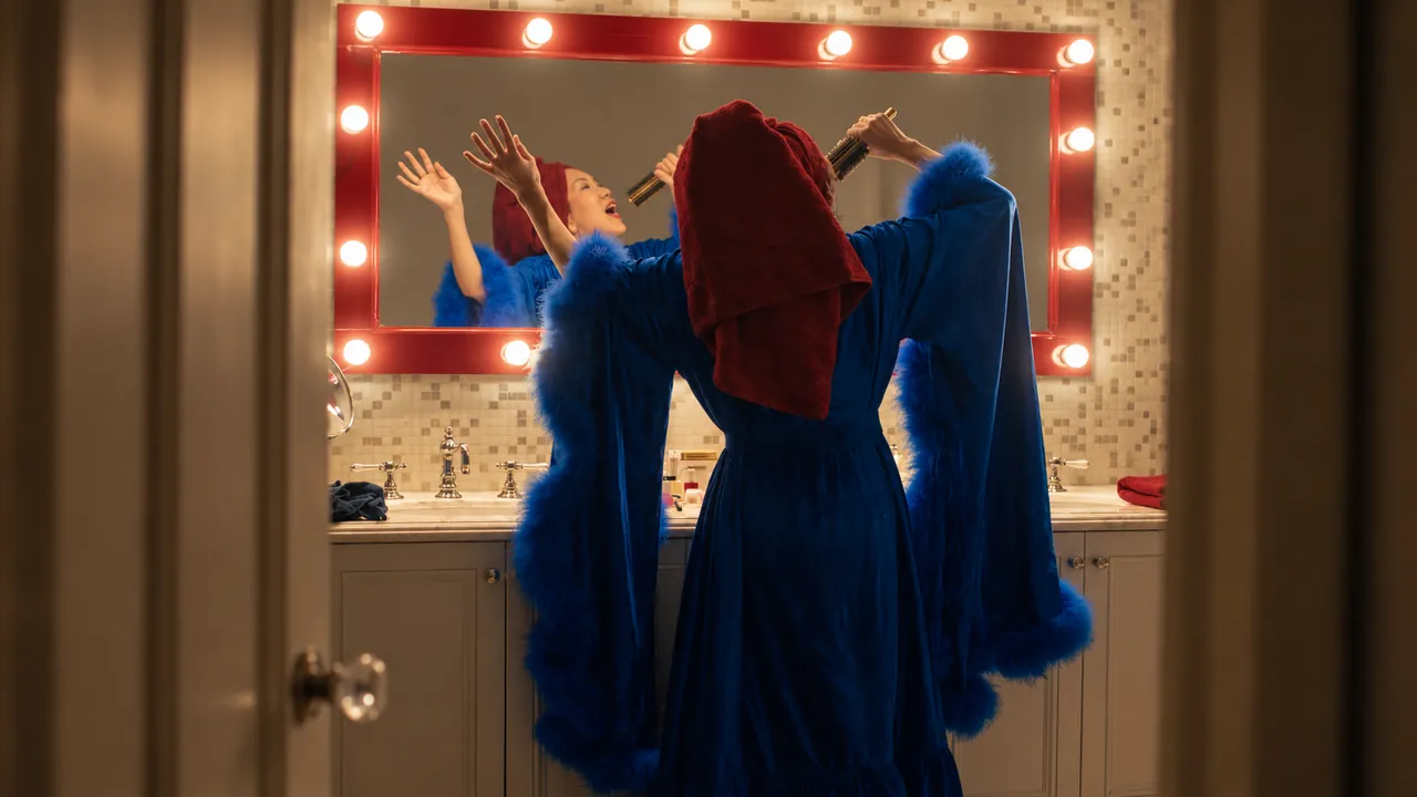 A woman in a blue robe singing into a hairbrush in her illuminated bathroom mirror