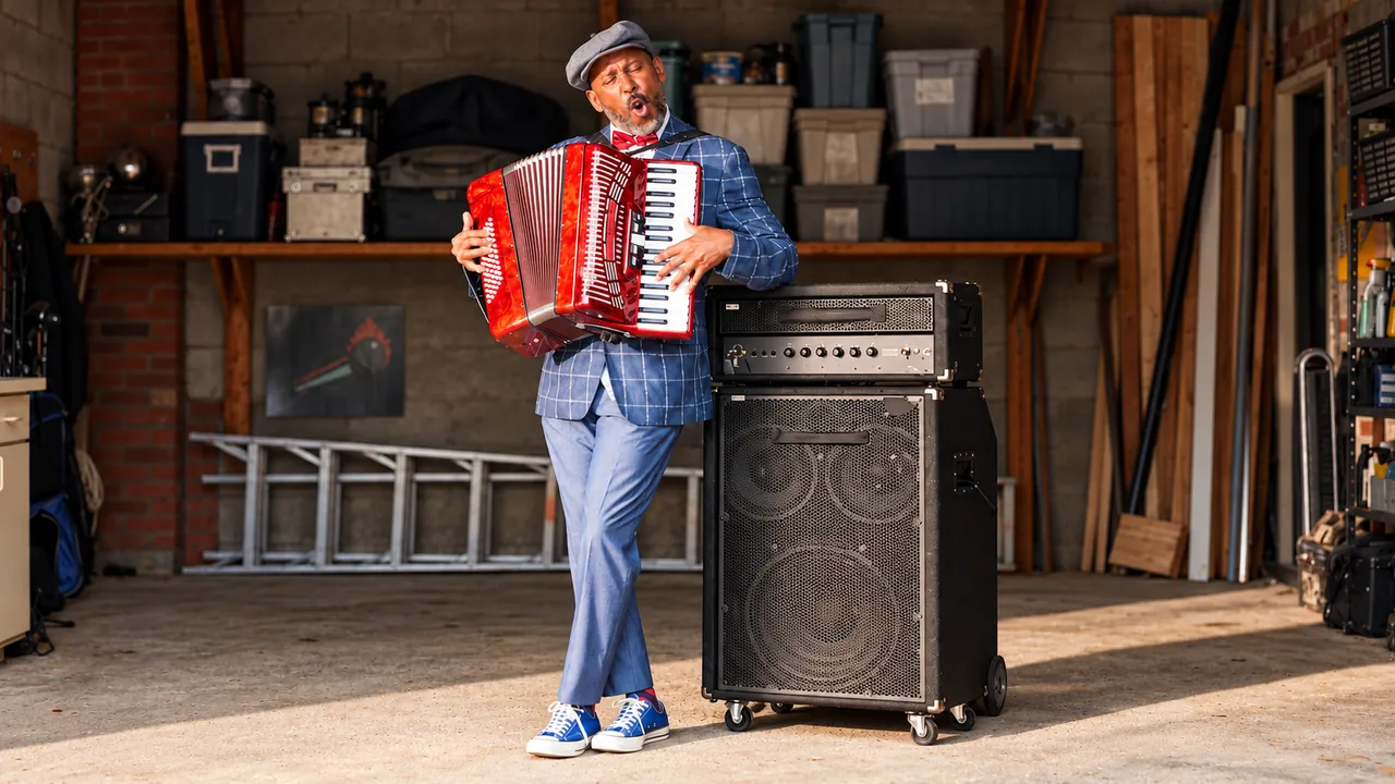 A musician playing a red accordion in an open garage
