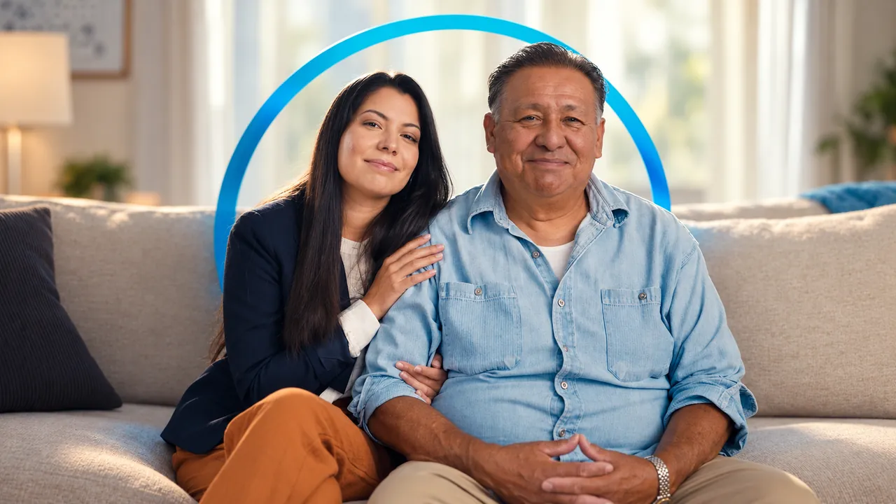 A father and daughter seated together with a dimensional blue circle integrated behind them