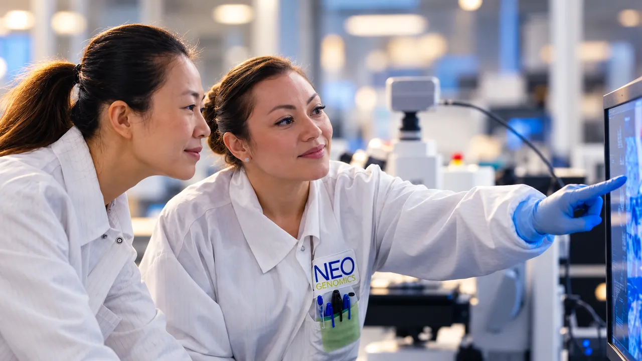 Two NeoGenomics laboratory colleagues reviewing a monitor in softly lit cinematic surroundings