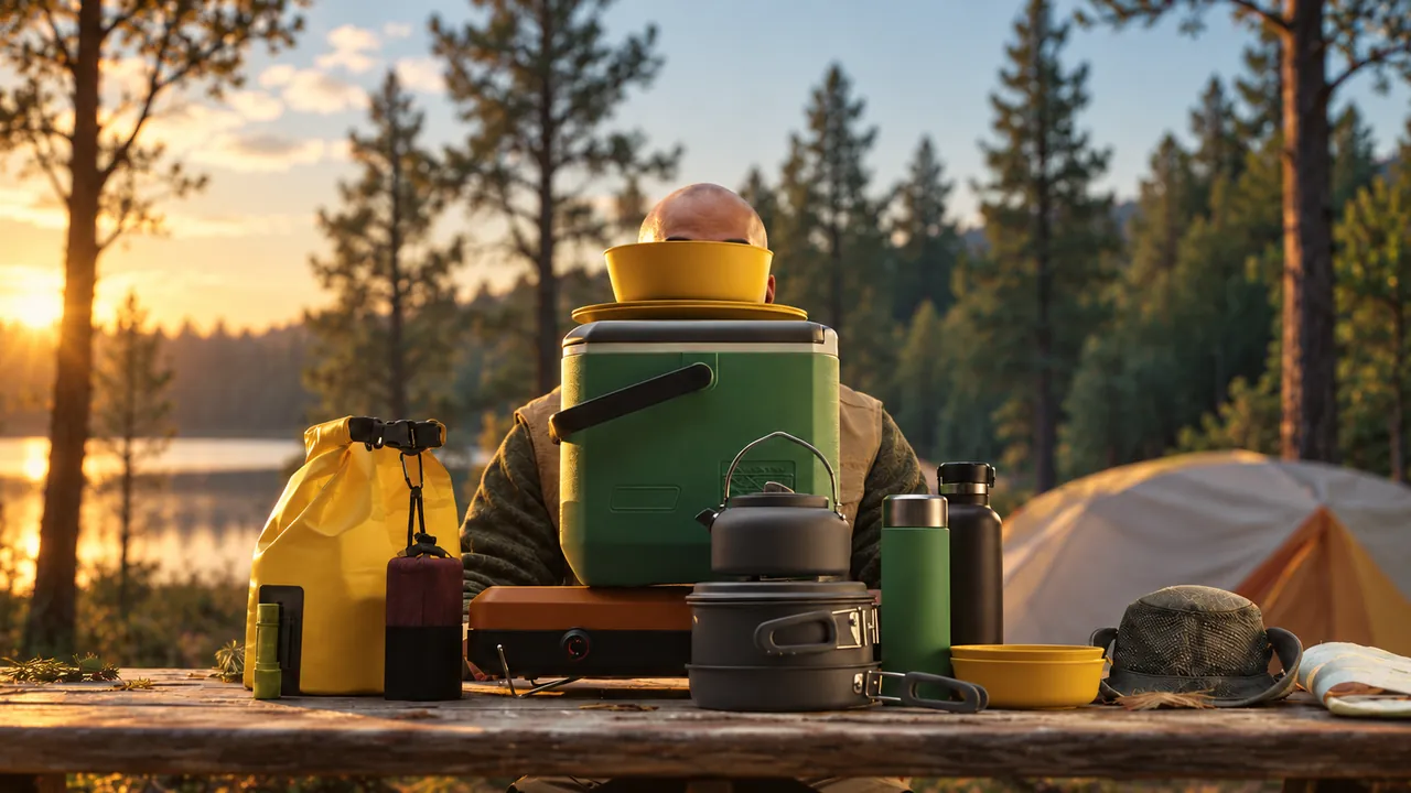 A camper hidden behind camping equipment at a lakeside campsite at sunset