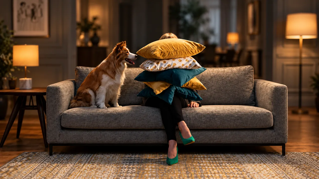 A person hidden behind mustard and teal cushions on a grey sofa beside a dog