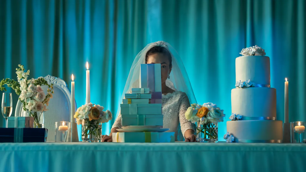 A bride partially hidden behind wedding gifts against turquoise curtains