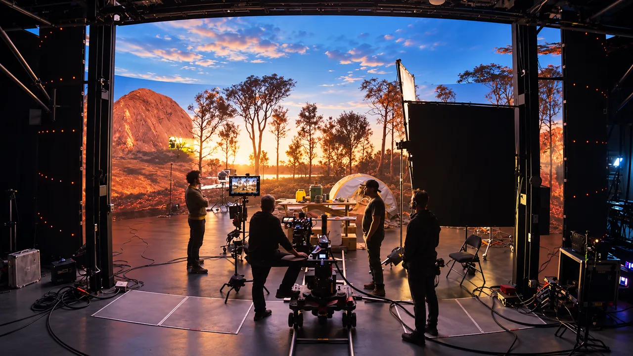 Camera crew filming a campsite scene in front of a large LED virtual wall