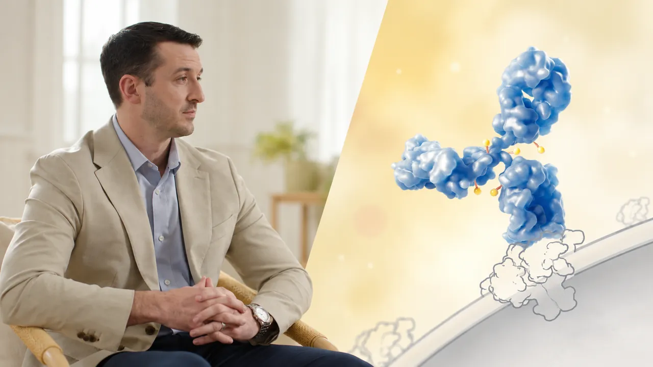 An interview speaker alongside a blue molecular animation in a diagonal composition
