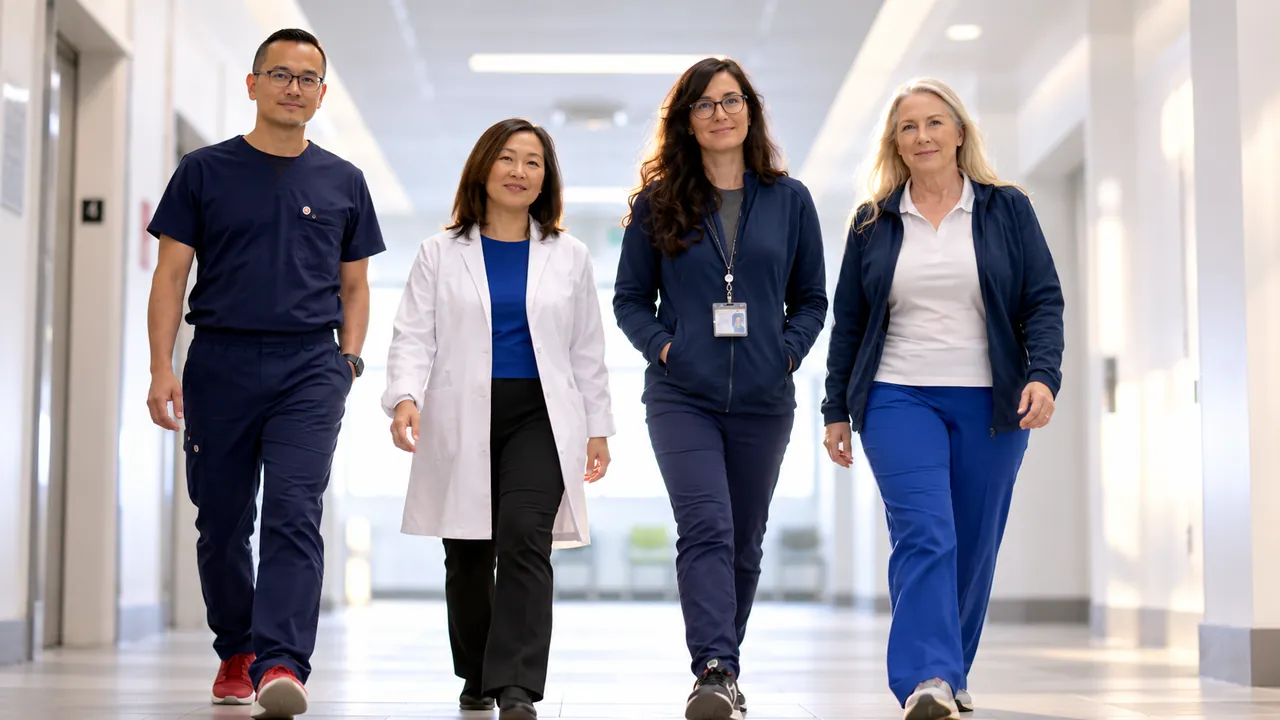 Four healthcare professionals walking toward camera in a softly lit hospital corridor