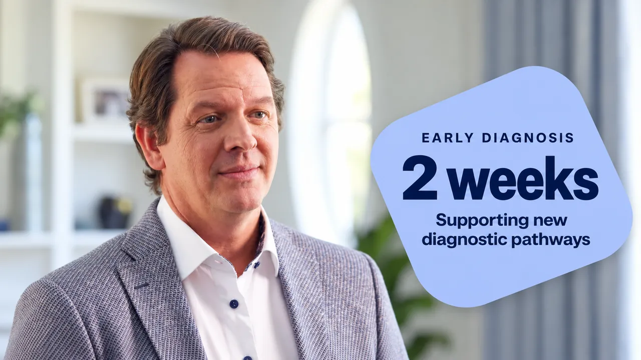 Dr. Loblaw with an approachable closed-mouth smile beside a periwinkle early diagnosis graphic