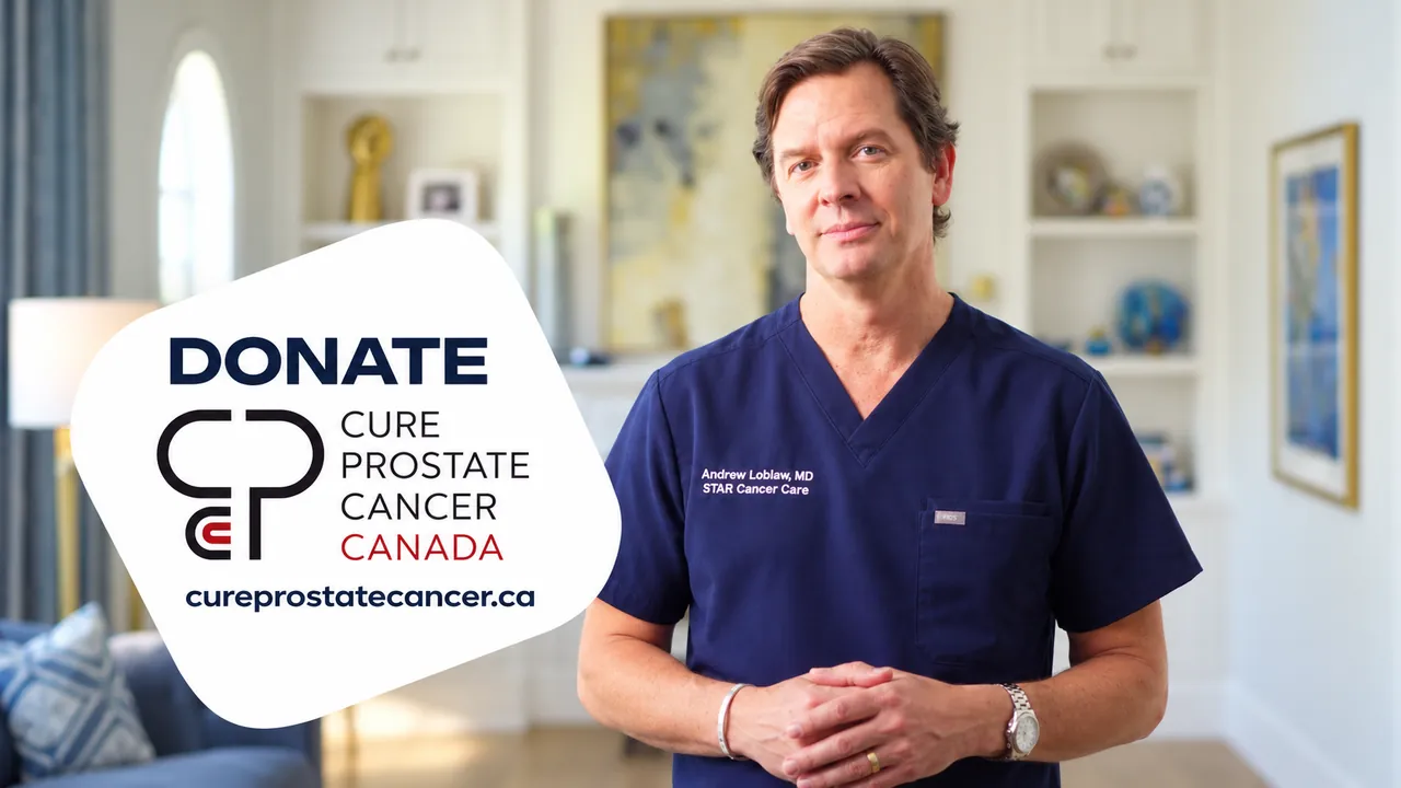 Dr. Loblaw in navy scrubs with an approachable smile beside the Cure Prostate Cancer Canada donation graphic