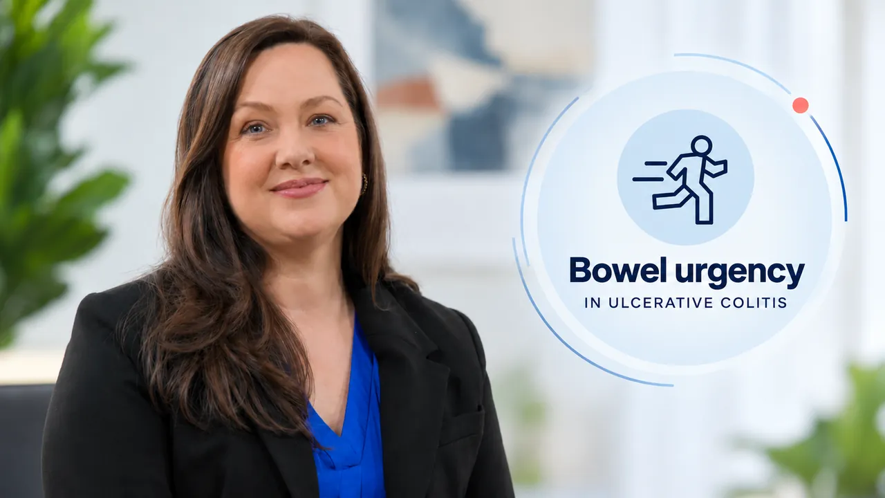 Christie Morrison in a softly lit interview setting alongside a blue bowel urgency graphic