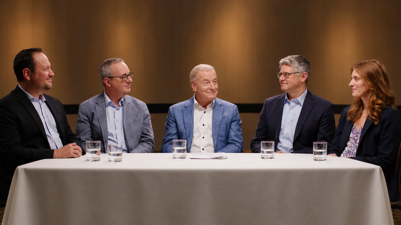 Five engaged roundtable participants sharing natural closed-mouth smiles in a warmly lit setting