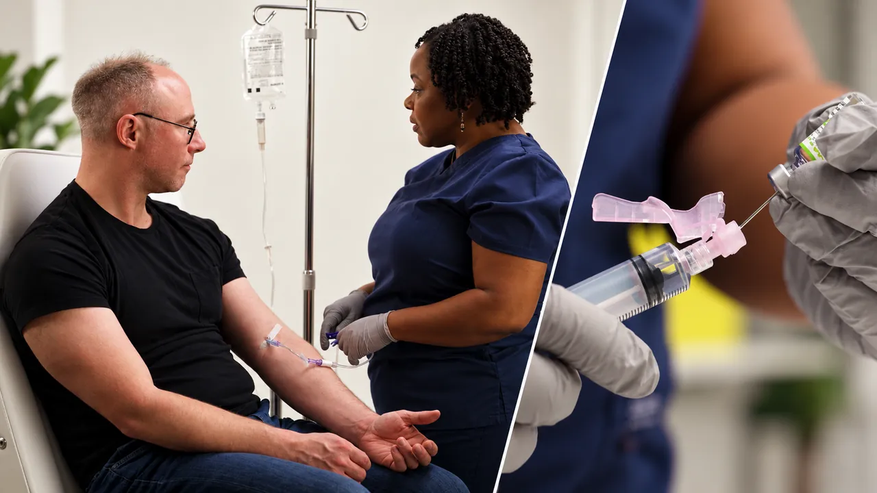 A nurse and patient during an infusion alongside a close-up of gloved hands preparing the medication